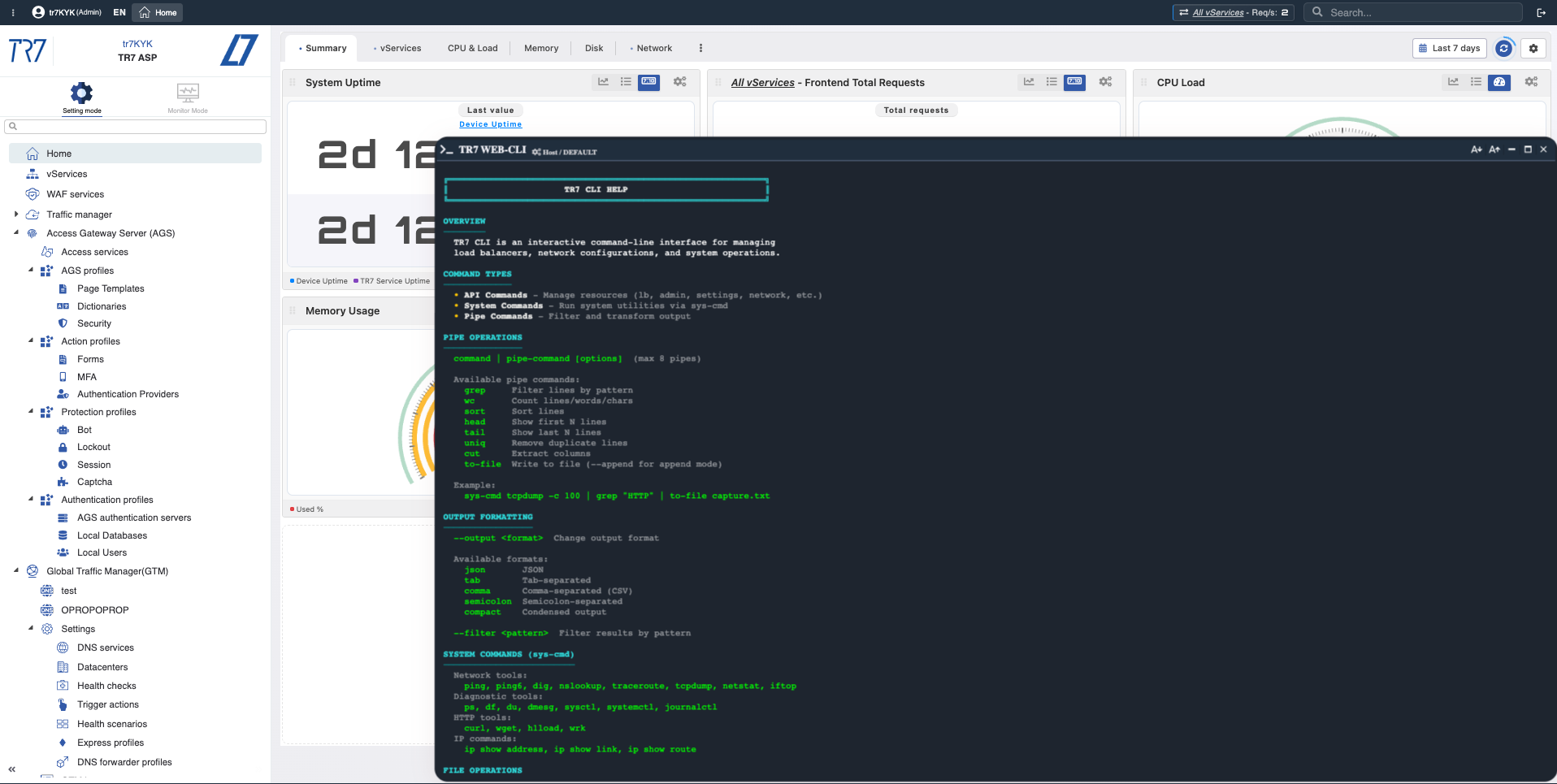 TR7 Web Console interactive CLI interface